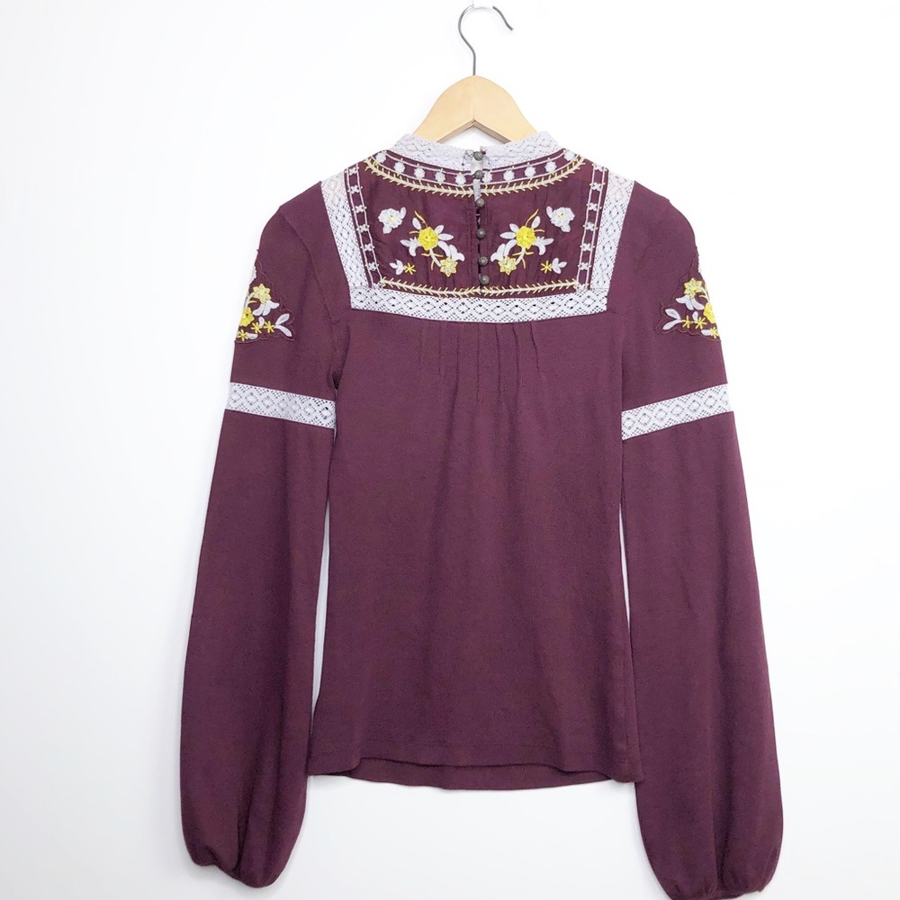 FREE People burgundy embroidered BoHo blouse - Picture 8 of 12